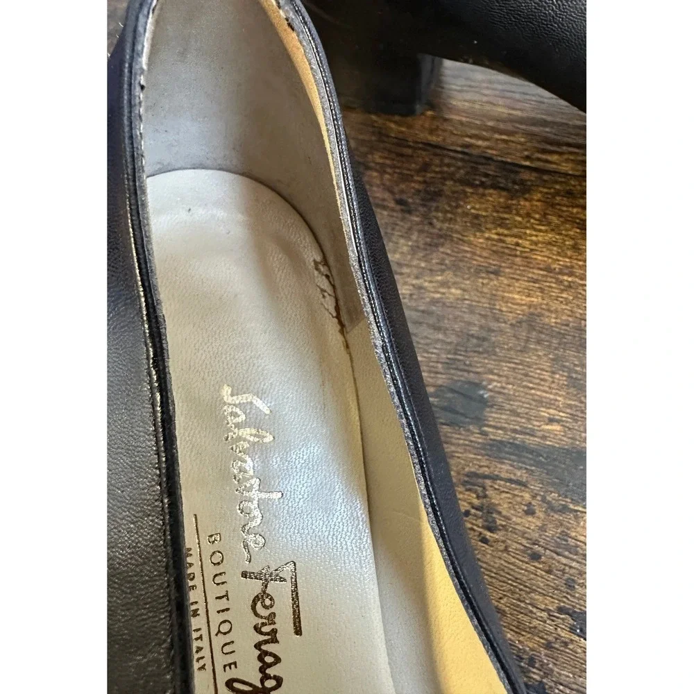 Salvatore Ferragamo Boutique Black Leather Square Toe Block Heel Pumps 6 B Italy - Picture 14 of 16